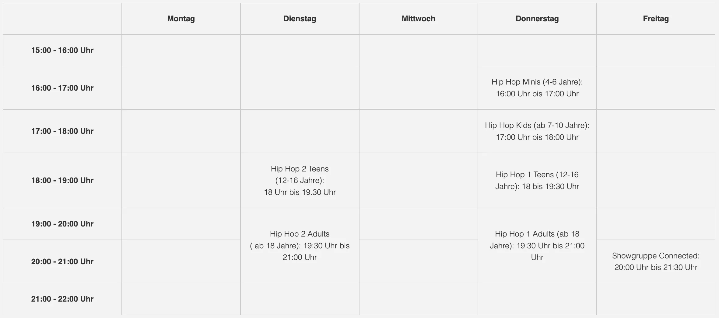 Kursplan der Urban Dance School Pforzheim